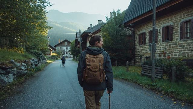 Woman Hiking Along Misty Alpine Village on Alpine Road with Tan Backpack and Hiking Pole
