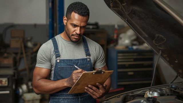 Mechanic Inspecting Vehicle with Clipboard in Auto Shop