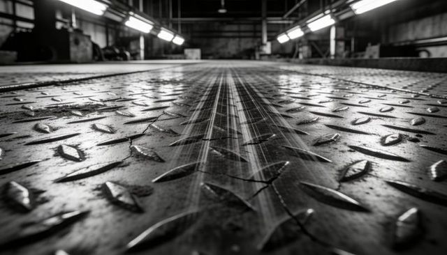 Worn steel diamond-plate walkway leading into industrial plant with dramatic perspective
