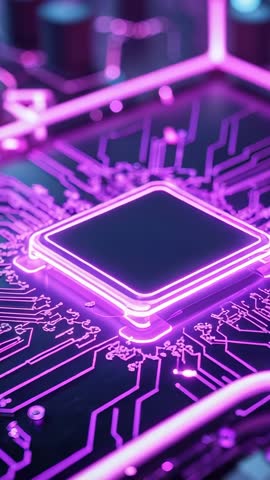 Vertical video showing neon pink microchip powering up on futuristic circuit board