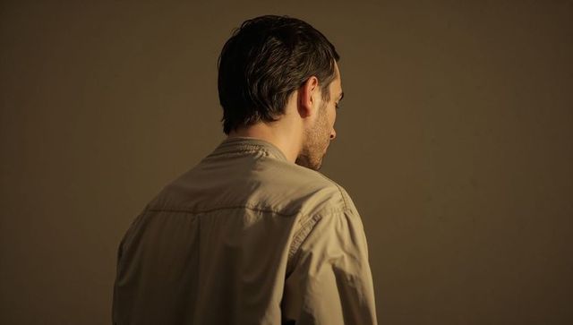 Contemplative man turning head in beige shirt cinematic back portrait with soft shadows