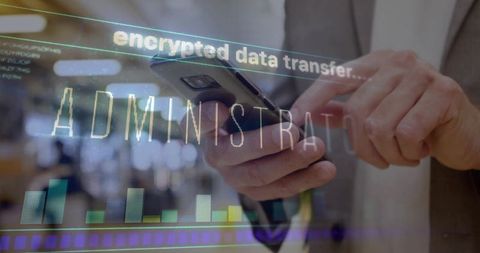 Hands using smartphone with encrypted data overlay in office
