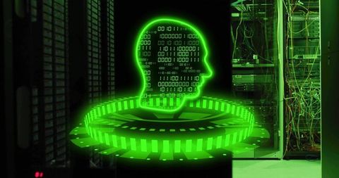 Neon green binary hologram head floating above ring in data center with servers and cables