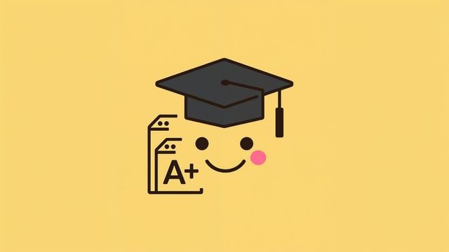 Smiling emoticon with graduation hat and a plus grade icons