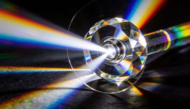 Faceted crystal prism refracting rainbow light beams across dark surface