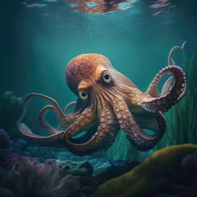Close up of octopus swimming underwater, created using generative ai technology. Marine nature, ocean, sea, wild animal and wildlife concept digitally generated image.