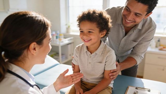 Smiling child sitting on exam table with caring clinician and supportive father in clinic