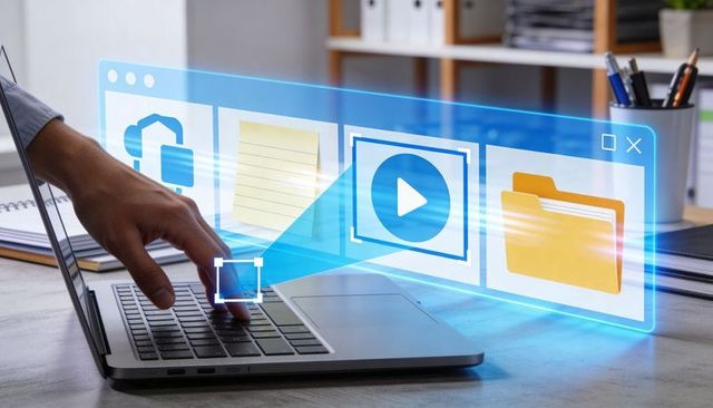 Holographic interface projecting above laptop keyboard showing media, folder, cloud icons