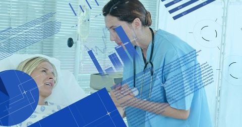 Nurse caring for hospital patient with stethoscope and iv, medical data overlay