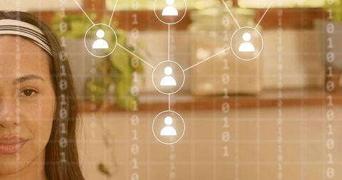 Woman looking through digital network overlay with binary data visualization and connectivity