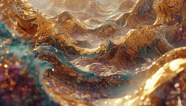 Abstract Metallic Waves in Dynamic Gold and Teal Surreal Landscape