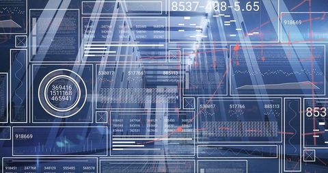 Futuristic data analytics interface overlayed on modern corridor