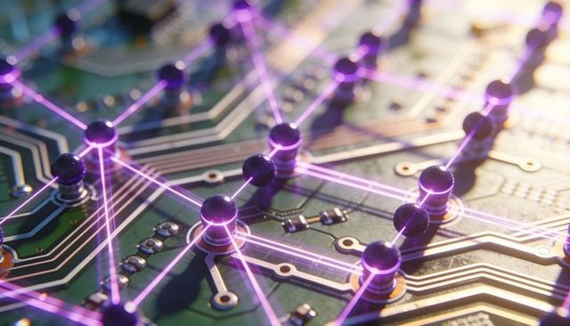 Glowing neural network traces on circuit board with violet nodes and copper paths