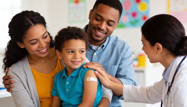 Smiling african american family supporting child after vaccination in pediatric clinic