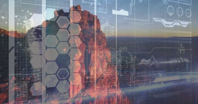 Sunlit Desert Cliff with Futuristic Digital Interface Overlay