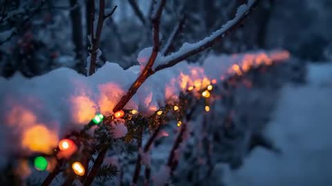 Snow-Covered Hedge Showing Twinkling Multicolor Holiday Lights Glowing at Dusk