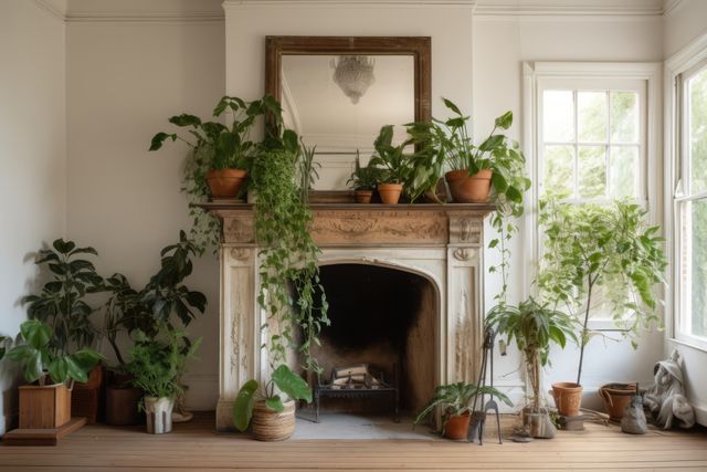 Fireplace with mirror and plants in modern living room, created using generative ai technology. Fireplace, home decor and interior design concept digitally generated image.