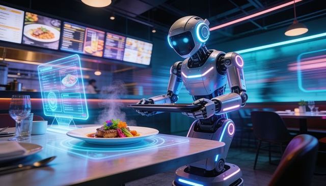 Humanoid robot serving steaming entree in futuristic neon restaurant with holographic menu