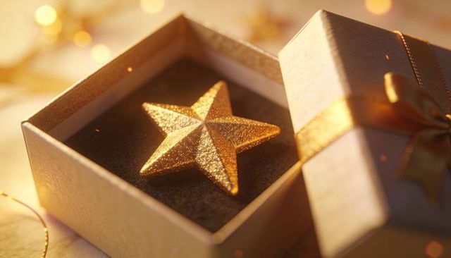 Golden glitter star nestling in luxe gift box with satin ribbon and festive bokeh