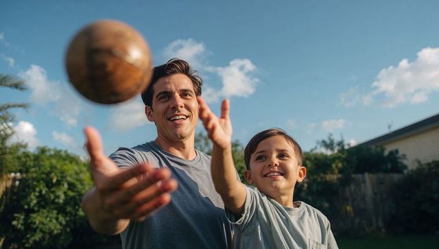 Father and Son Reaching for Basketball in Sunlit Suburban Backyard