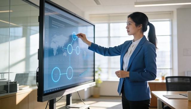 Executive presenting interactive analytics on large touchscreen in bright modern office