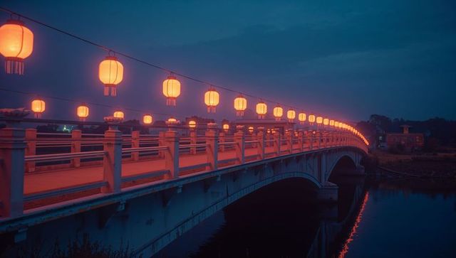 Serene Bridge with Glowing Lanterns at Dusk Reflection