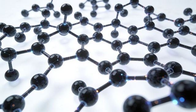 Graphene hexagonal lattice nanostructure with glossy spheres and blue light accents