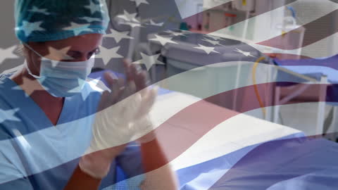 Surgeon Praying for Success in an Operating Room, American Flag Overlay