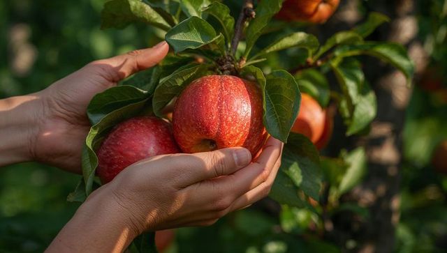 Cradling Hands Harvesting Sunlit Red Apples on Branch in Lush Orchard