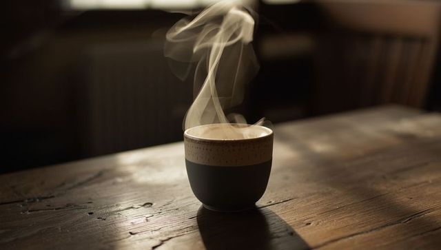 Steaming ceramic mug of tea on rustic wooden table in cozy corner