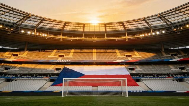 Sunset-lit empty football stadium with giant czech flag draped behind goal for promotion