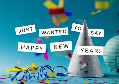 Festive new year celebration with party hats and confetti