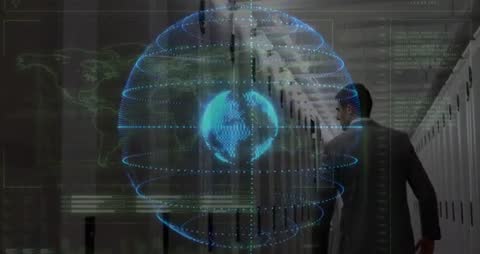 IT Specialist Monitoring Digital Data Globe in Server Room