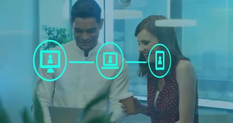 Colleagues Collaborating on Laptop with Digital Network Animation