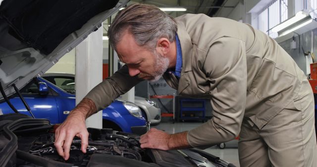 A middle-aged Caucasian man in a mechanic's uniform is focused on repairing a car engine, with copy space. His expertise is evident as he works diligently within the garage environment.