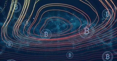 Neon bitcoin network contours mapping digital crypto transfers and global data flow