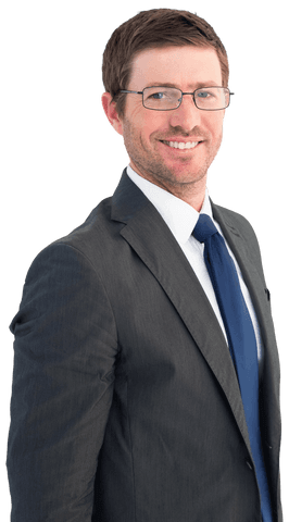 Confident businessman smiling transparently in formal suit