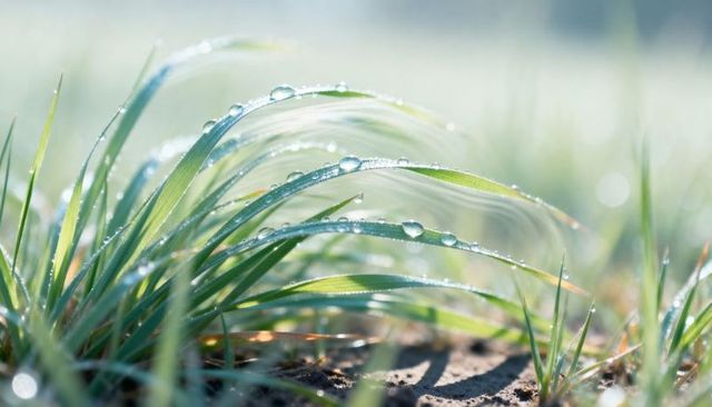 Glistening dew-covered grass blades bending over soil in soft morning light macro