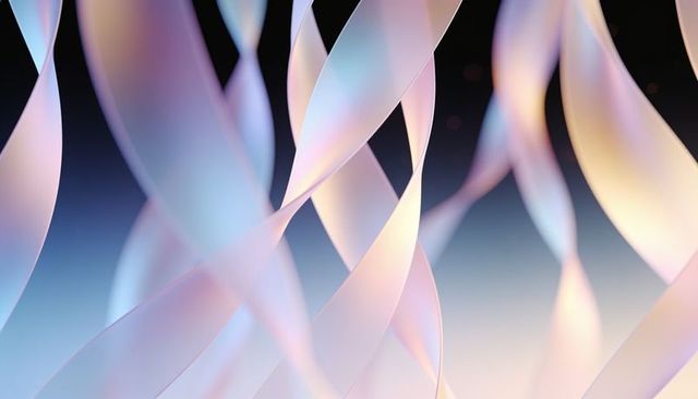 Iridescent pastel ribbons flowing in ethereal gradient with soft bokeh glow