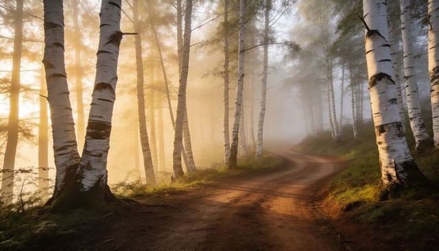 Golden sunbeams piercing misty birch forest, winding dirt path leading into foggy woodland