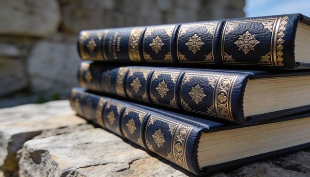 Sunlit navy leather-bound antique volumes with gold embossing stacked on stone ledge