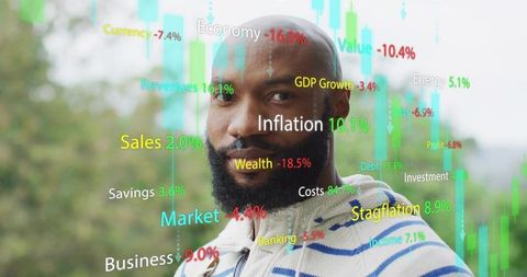 Man on balcony with financial data overlays showing inflation, market and investment trends