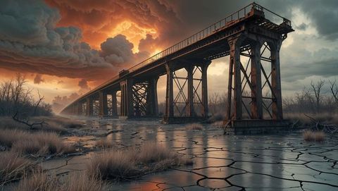 Moody rusted bridge over cracked riverbed at sunset in apocalypse aftermath