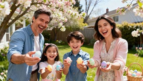 Smiling family holding decorated easter eggs in sunny backyard spring celebration