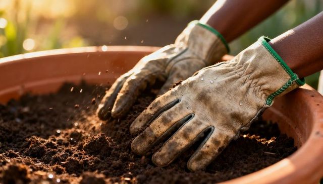 Smoothing potting soil with leather gloves in terracotta planter during golden hour
