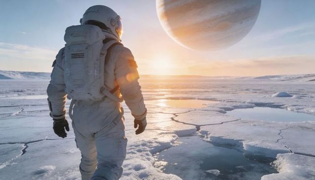 Astronaut walking across cracked frozen plain with giant banded gas planet at sunrise