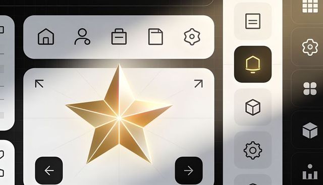 Shining golden star centered in digital ui card with chevron buttons and futuristic dashboard