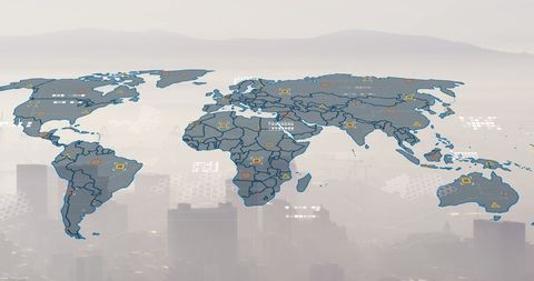 Digital Global Map Overlay with Cityscape - Download Free Stock Images Pikwizard.com