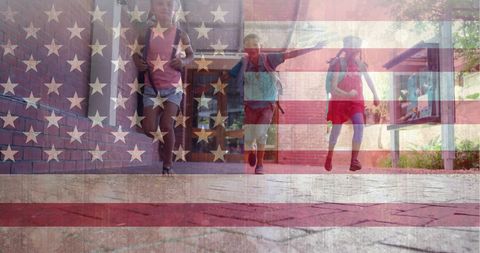 Diverse Schoolchildren Running Under American Flag Overlay