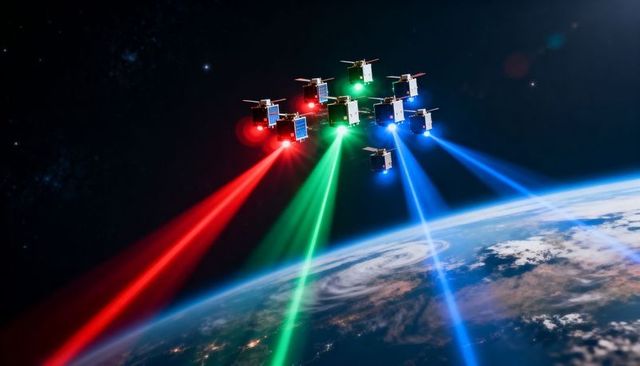 Cubesat constellation emitting red green blue laser beams toward earth storm horizon